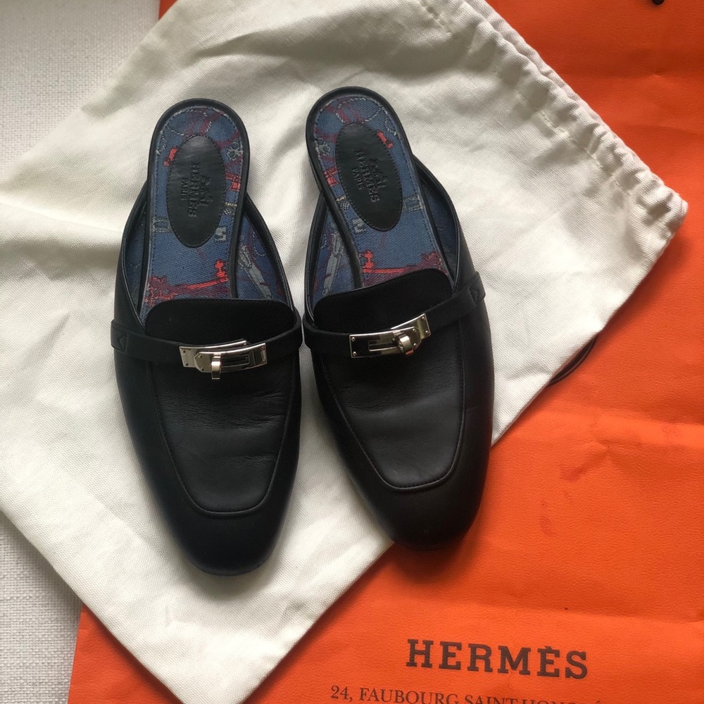 AUTHENTIC HERMÈS Black Lock Mules/Slides